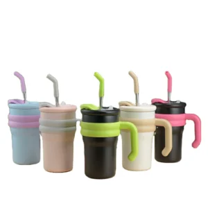 500ml 700ml Double Big Mouth Outdoor Thermal Insulated Stainless Steel Large Capacity Coffee Cup With Handle and Straw