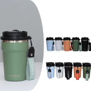New Product Custom Logo 400ML Double Wall Stainless Steel Vacuum Insulated Coffee Cup with Filp Lid and Handle Strap
