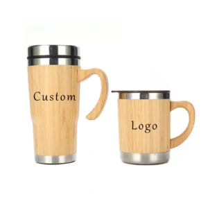 Custom Logo New Design 500ml Double Wall Vacuum Insulated Bamboo Stainless Steel Mug with Handle and Anti-Slip Bottom